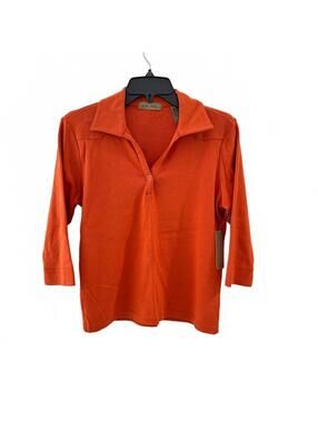 NWT Vintage i.e Relaxed Orange Cotton V-Neck 3/4 Sleeve Collar Shirt Size Medium